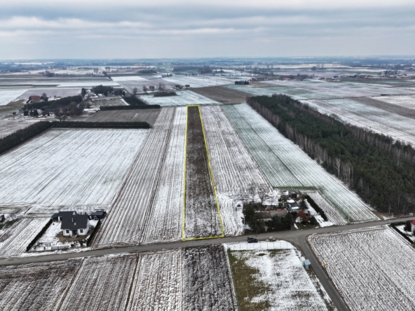 Działka na sprzedaż o powierzchni 7800m² w miejscowości Kijowskie Nowiny, gmina Ślesin. Widok z lotu ptaka na prostokątną parcelę oznaczoną żółtą linią, otoczoną polami i drogą asfaltową.